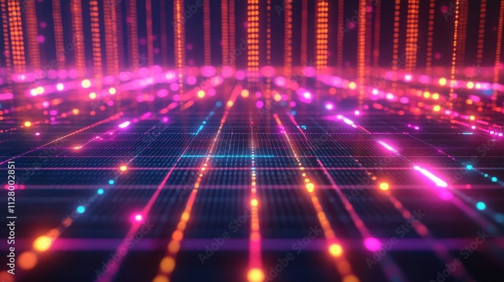 A vibrant digital landscape with glowing lines and dots, creating a futuristic and abstract atmosphere. A vibrant digital landscape with glowing lines and dots, creating a futuristic and abstract atmosphere.
