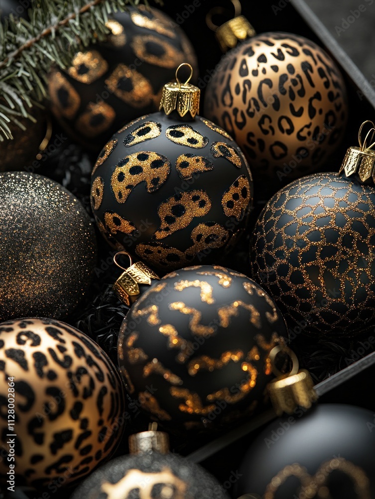Black and gold leopard print Christmas ornaments in a box. (2) Black and gold leopard print Christmas ornaments in a box. (2)