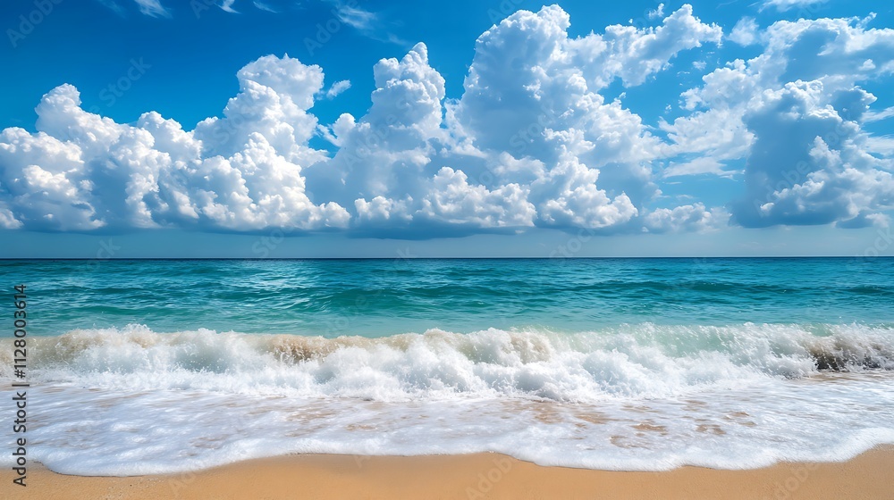 Tranquil Beach Scene with Fluffy Clouds. Concept of Relaxation, Vacation, and Serenity. Tranquil Beach Scene with Fluffy Clouds. Concept of Relaxation, Vacation, and Serenity.