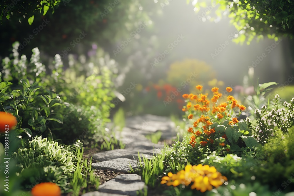 A serene garden path surrounded by vibrant flowers and lush greenery. A serene garden path surrounded by vibrant flowers and lush greenery.