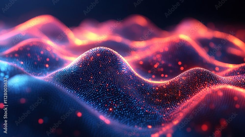A vibrant, abstract depiction of flowing waves illuminated by colorful lights, showcasing a blend of red and blue particles in a dynamic pattern. A vibrant, abstract depiction of flowing waves illuminated by colorful lights, showcasing a blend of red and blue particles in a dynamic pattern.