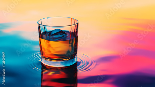 Striking visual illusory beverage floating gracefully mid air captivating colors reflections, drink, glass, liquid, artistic, surreal, design, vibrant. Illusory. Illustration