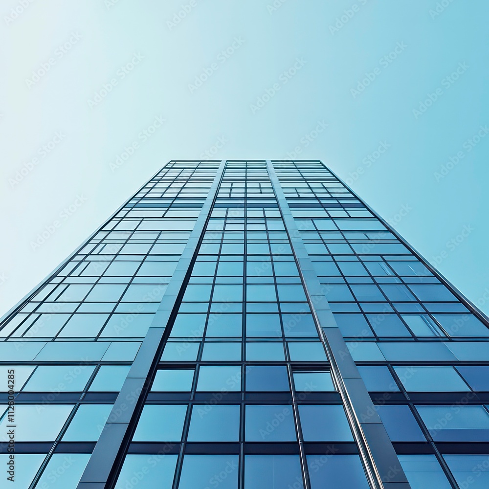 Low-angle view of a modern glass skyscraper against a clear blue sky. Low-angle view of a modern glass skyscraper against a clear blue sky.