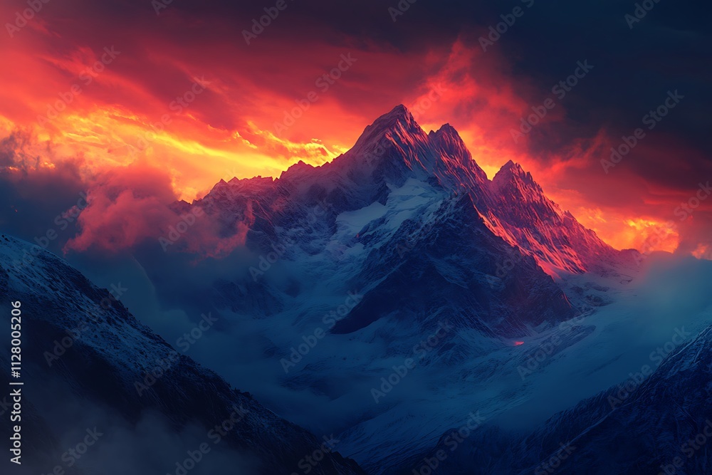 Majestic mountains illuminated by a fiery sunset amidst swirling clouds. Majestic mountains illuminated by a fiery sunset amidst swirling clouds.