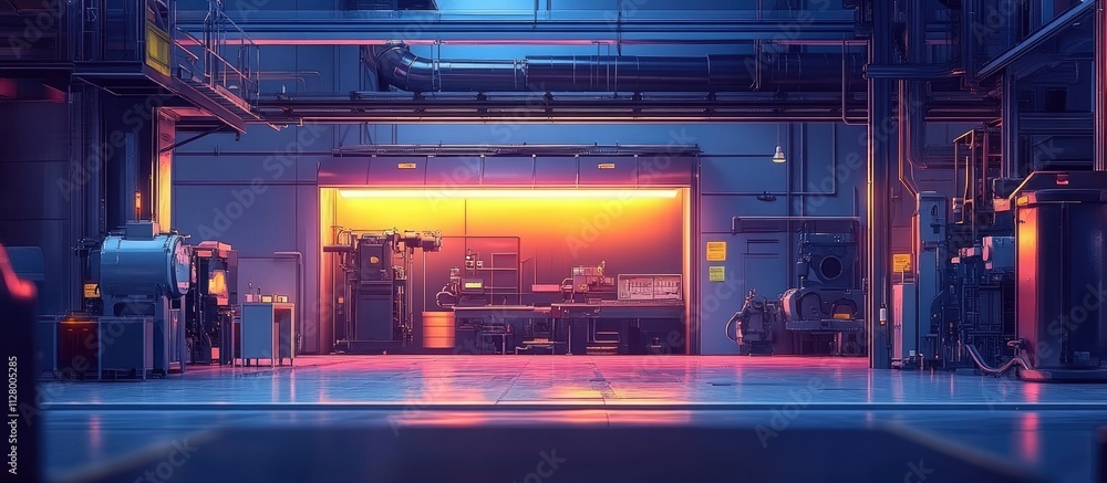 Neon-lit industrial interior at night. Neon-lit industrial interior at night.