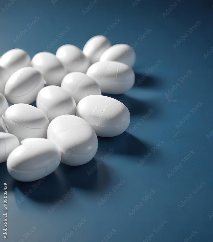 White pills arranged in a row on blue tabletop, treatment, healthcare, pharmaceuticals, medication, daily White pills arranged in a row on blue tabletop, treatment, healthcare, pharmaceuticals, medication, daily