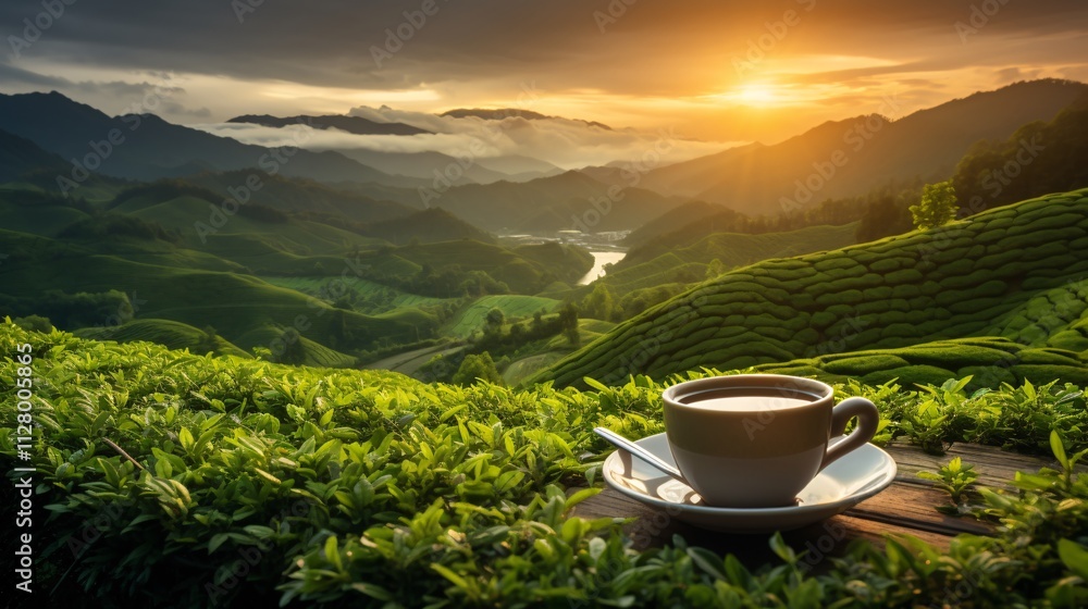 A cup of green tea and a picturesque sunrise over rolling green fields A cup of green tea and a picturesque sunrise over rolling green fields