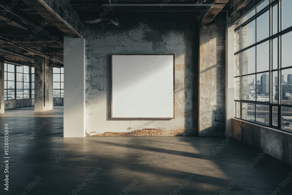 Blank canvas mockup in a large, industrial loft space with sunlight streaming through large windows. Blank canvas mockup in a large, industrial loft space with sunlight streaming through large windows.