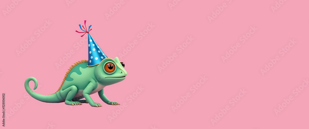 Obraz premium Chameleon with large orange eyes, wearing a festive blue party hat with white polka dots on pink background.Playfulness. Celebration. Fun.Poster, greeting card, flyer, template, web design, festive