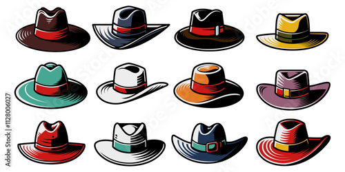 Vintage color of cowboy hat collection in comic illustration. Hat element for fashion design, poster, sticker, icon, apparel design. Vector Eps 10.