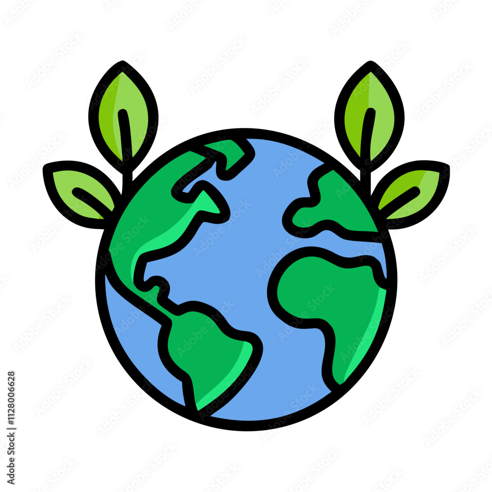 Simple line illustration of Earth with leaves, symbolizing environmentalism and sustainability.Vector icon of planet Earth for website design Simple line illustration of Earth with leaves, symbolizing environmentalism and sustainability.Vector icon of planet Earth for website design