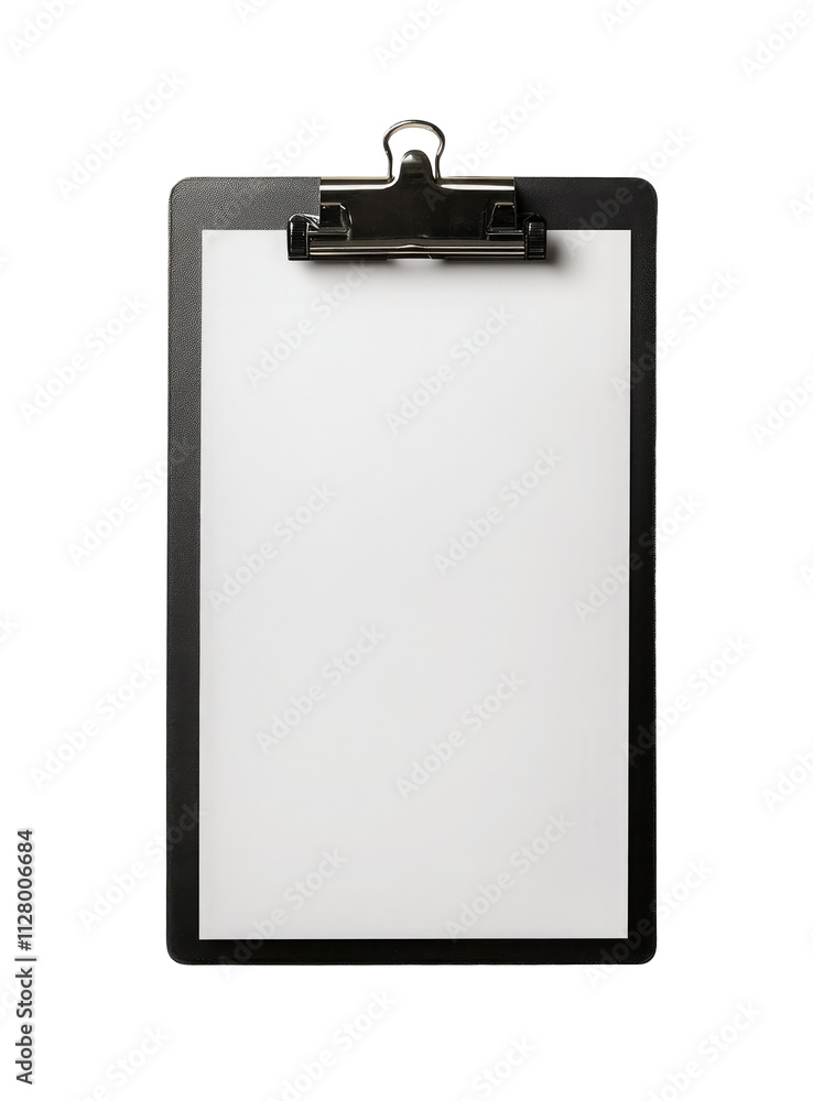 A black clipboard with blank white paper, isolated on a transparent pure white background A black clipboard with blank white paper, isolated on a transparent pure white background