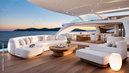 A mega yacht with teak decks, white furnishings, and a sizable outdoor area and backlit stone bar. AI that is generative. photo