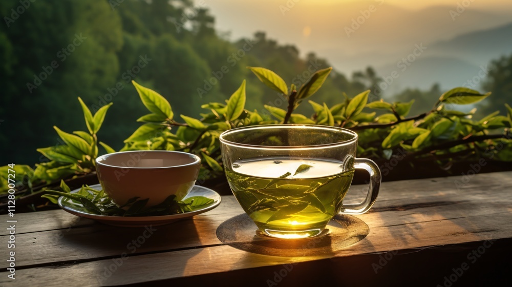 Green tea leaves and a sunrise view from a forest path Green tea leaves and a sunrise view from a forest path