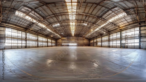 Wide-angle view of an industrial warehouse with steel beams and a high ceiling.