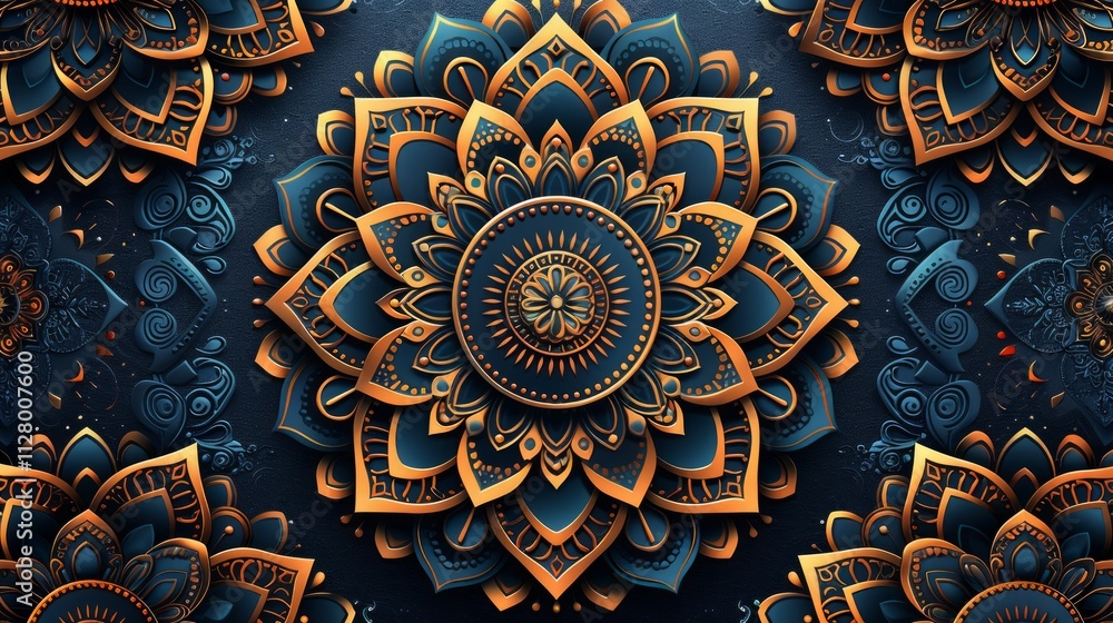 Intricate gold and blue mandala pattern. Intricate gold and blue mandala pattern.