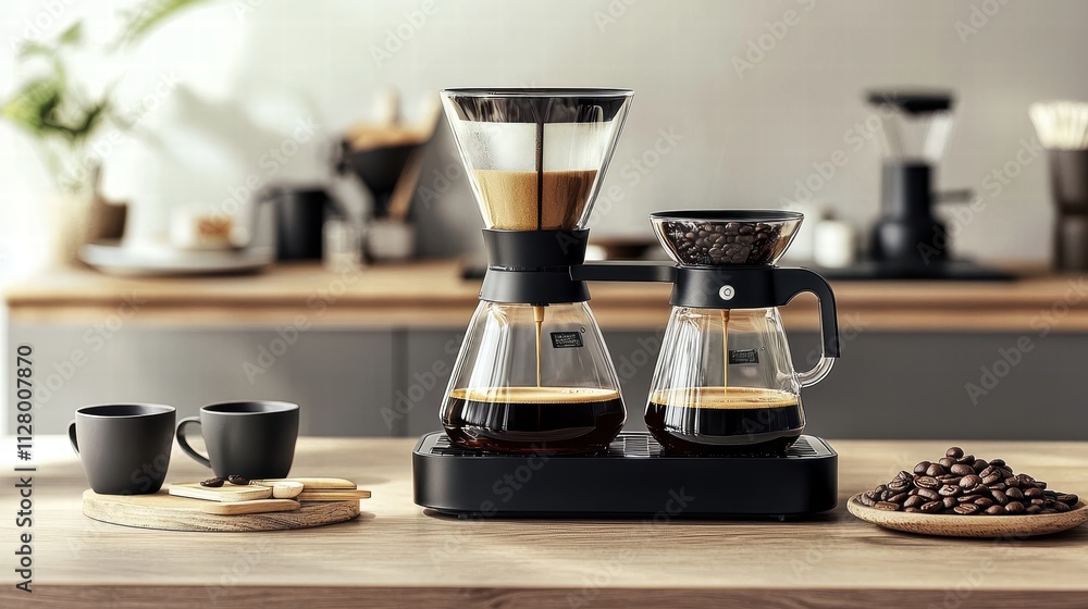 Stylish Coffee Brewing Setup With Fresh Beans and Elegant Cups Stylish Coffee Brewing Setup With Fresh Beans and Elegant Cups