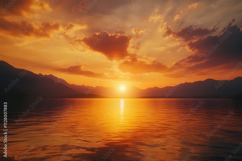 A serene sunset over a calm lake surrounded by mountains, reflecting warm hues. A serene sunset over a calm lake surrounded by mountains, reflecting warm hues.