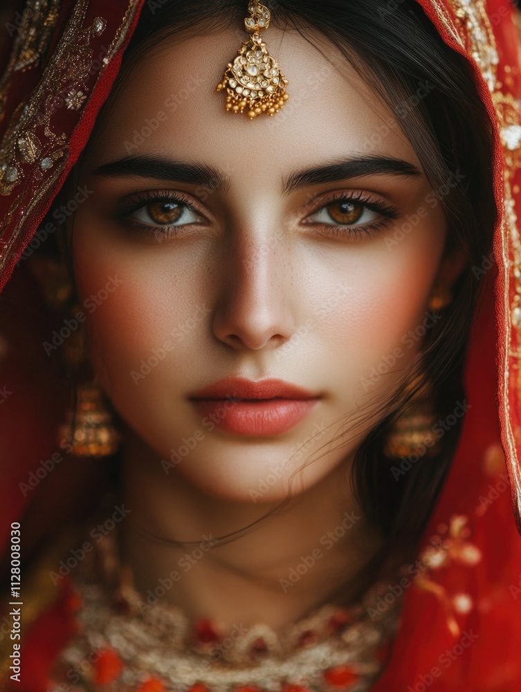 Fototapeta premium Woman in red veil with gold jewelry