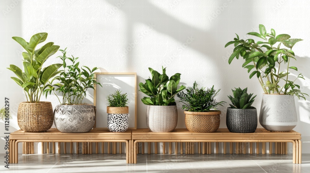 Stylish Indoor Plants Display on Wooden Shelf in Modern Setting Stylish Indoor Plants Display on Wooden Shelf in Modern Setting