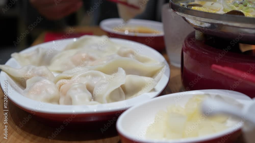 eating Chinese Jiaozi in restaurant eating Chinese Jiaozi in restaurant