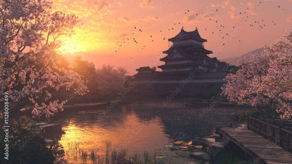 Serene sunset, Japanese castle, cherry blossoms. Serene sunset, Japanese castle, cherry blossoms.