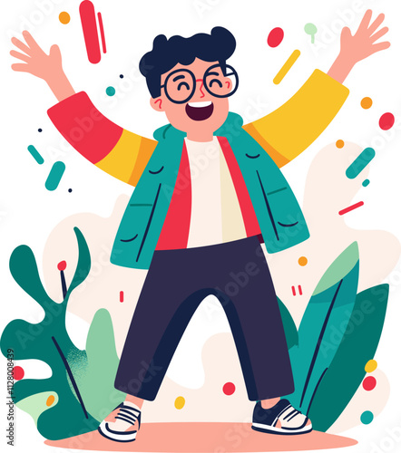 Child joyfully celebrating with raised arms among colorful elements and plants in a cheerful environment cartoon isolated on transparent background. Vector illustration.