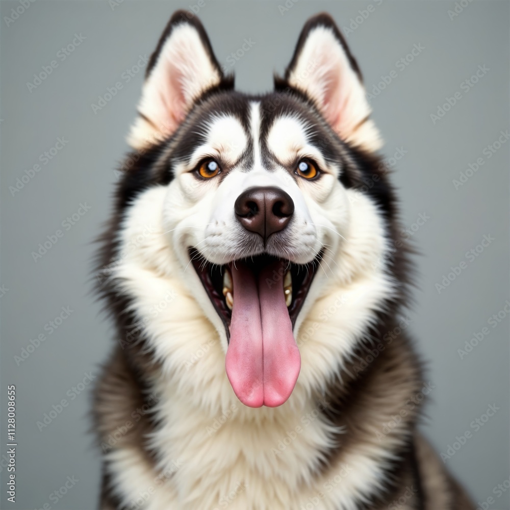 Obraz premium Close-up of a husky dog with black and white fur, standing with its tongue out and a happy expression, on a gray background.Joy. Loyalty. Unconditional love. Poster, flyer, template, greeting card, pe