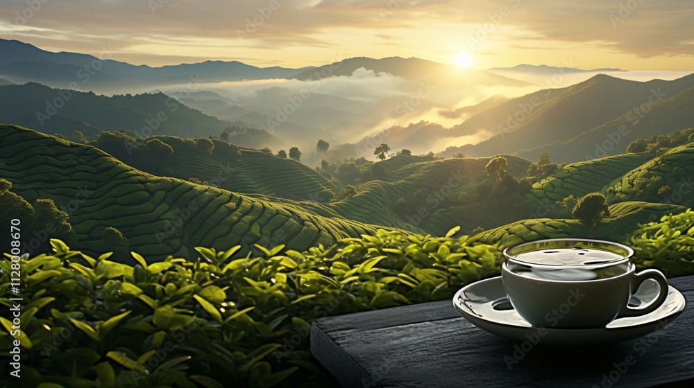 A serene sunrise with a cup of green tea and misty green hills A serene sunrise with a cup of green tea and misty green hills