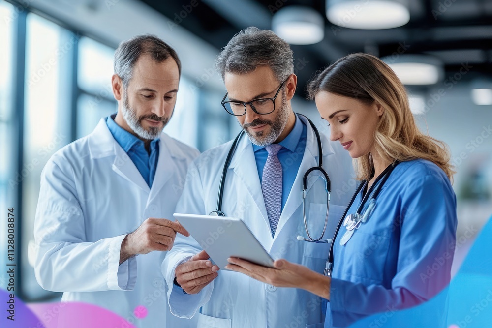 Pharmaceutical sales representative presenting medication to doctors in modern healthcare setting with nurse and manager using tablet Pharmaceutical sales representative presenting medication to doctors in modern healthcare setting with nurse and manager using tablet