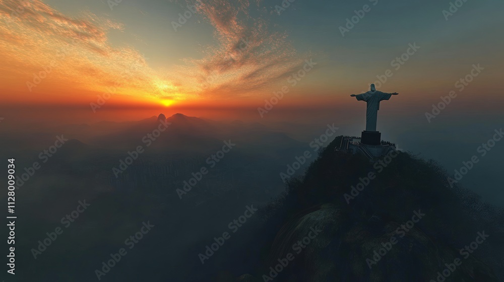 Christ statue, sunset, mountains, hazy city below. Christ statue, sunset, mountains, hazy city below.