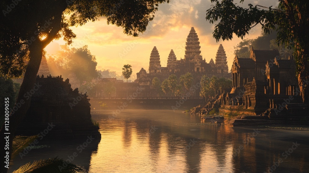 Fototapeta premium Ancient temple, sunrise, water reflection, serene.