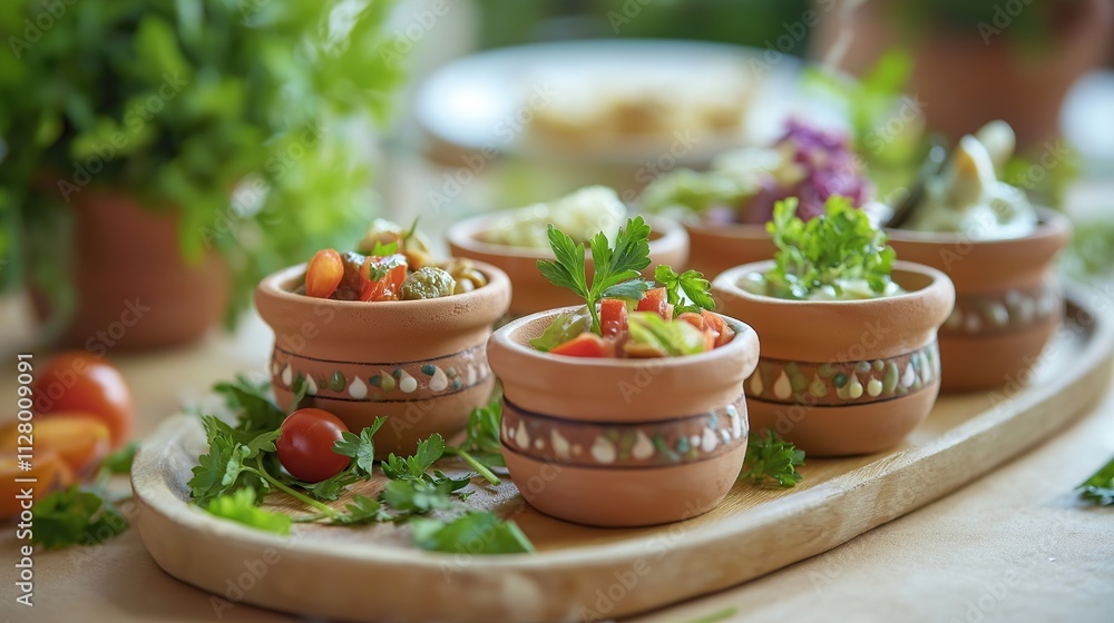 A photo of small terracotta pots with various Mediterranean salad dishes, arranged on an elegant wooden tray in the dining room A photo of small terracotta pots with various Mediterranean salad dishes, arranged on an elegant wooden tray in the dining room