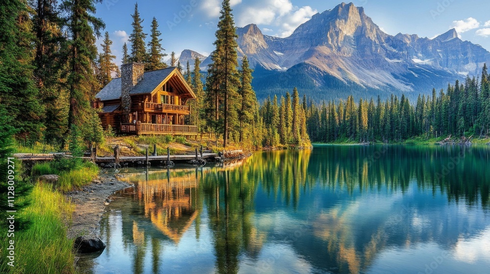 Fototapeta premium Mountain Lake Cabin Scenic View Majestic Landscape