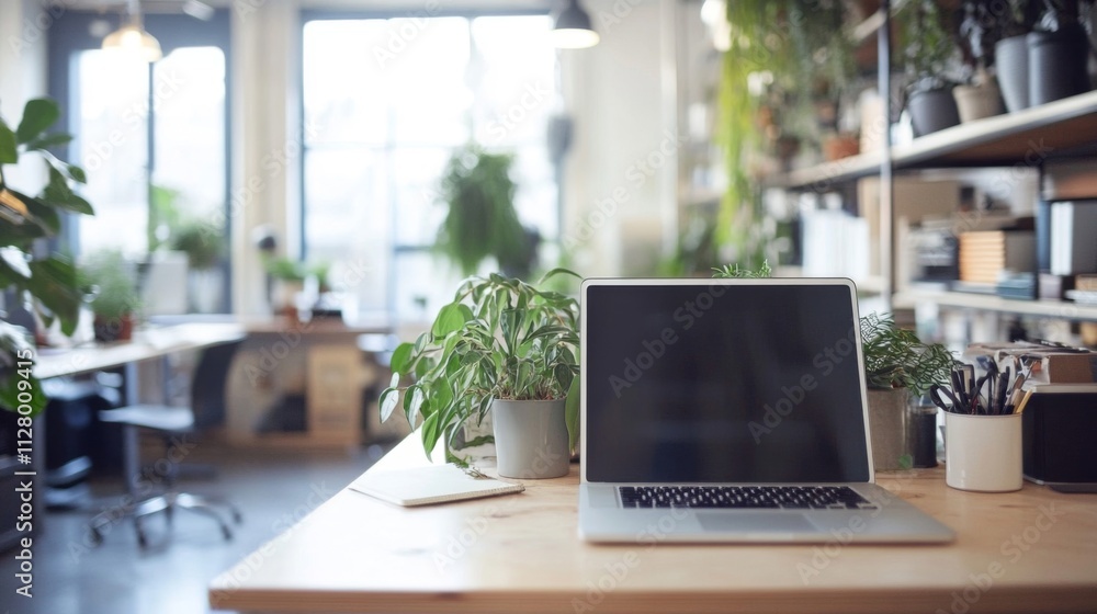 Laptop and Plants on Desk in Modern Office Space Laptop and Plants on Desk in Modern Office Space