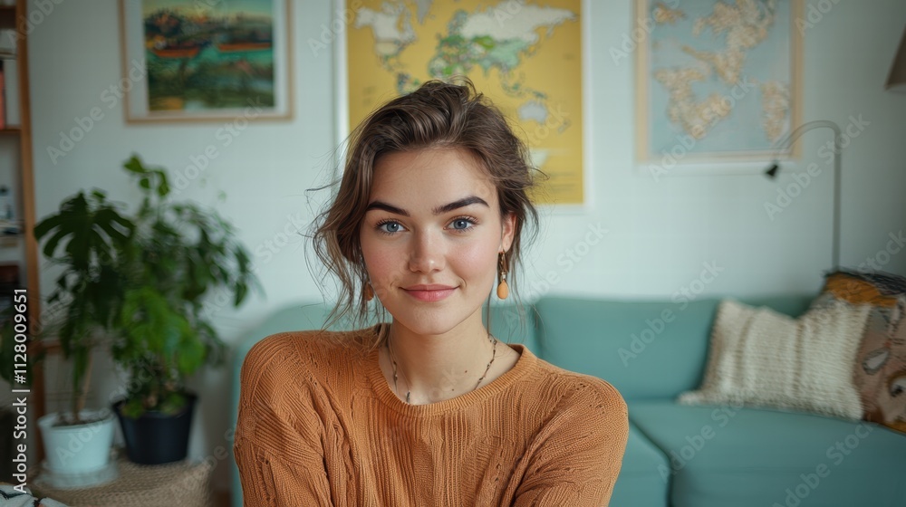 Young Woman with Natural Beauty in Cozy Living Room Setting Young Woman with Natural Beauty in Cozy Living Room Setting