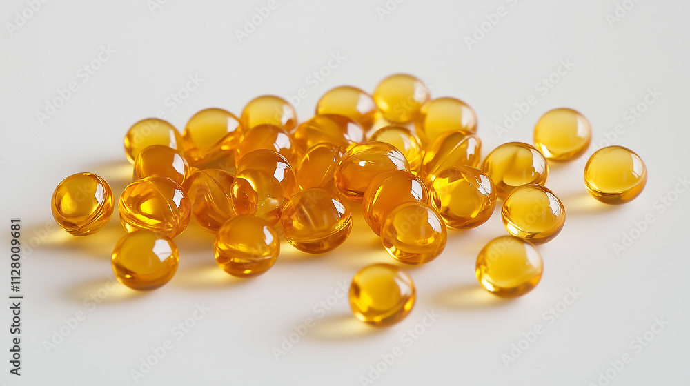 Golden Fish Oil Capsules Scattered on White Background Golden Fish Oil Capsules Scattered on White Background