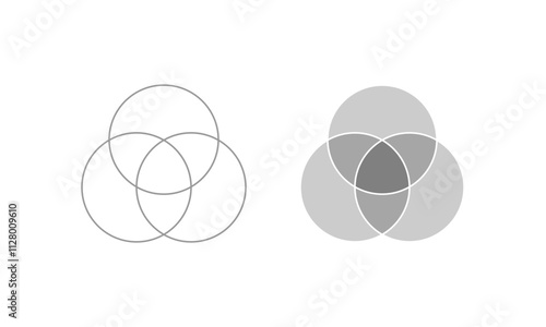 Grey three intersecting circles, Venn Diagram, Overlapping Circles.