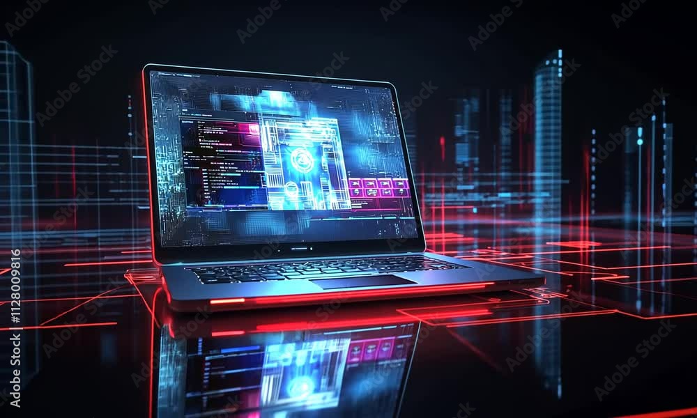 Futuristic Laptop Displaying Cybernetic Code and Data Streams Futuristic Laptop Displaying Cybernetic Code and Data Streams