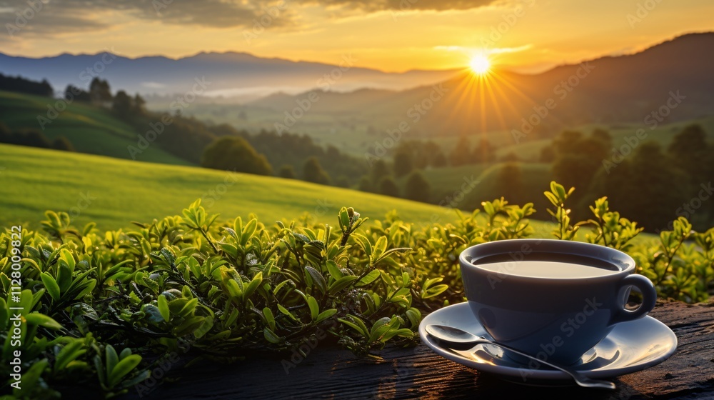 A steaming cup of green tea with the sun rising over a meadow A steaming cup of green tea with the sun rising over a meadow