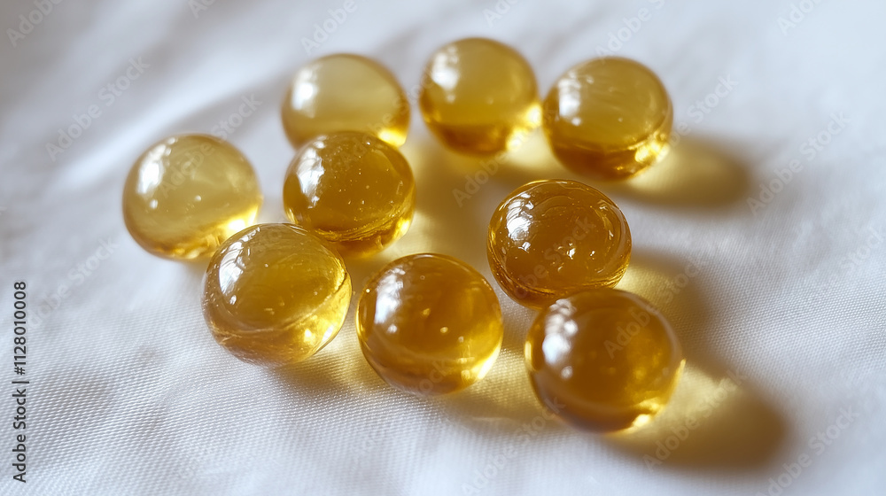 Golden Fish Oil Capsules Scattered on White Background Golden Fish Oil Capsules Scattered on White Background