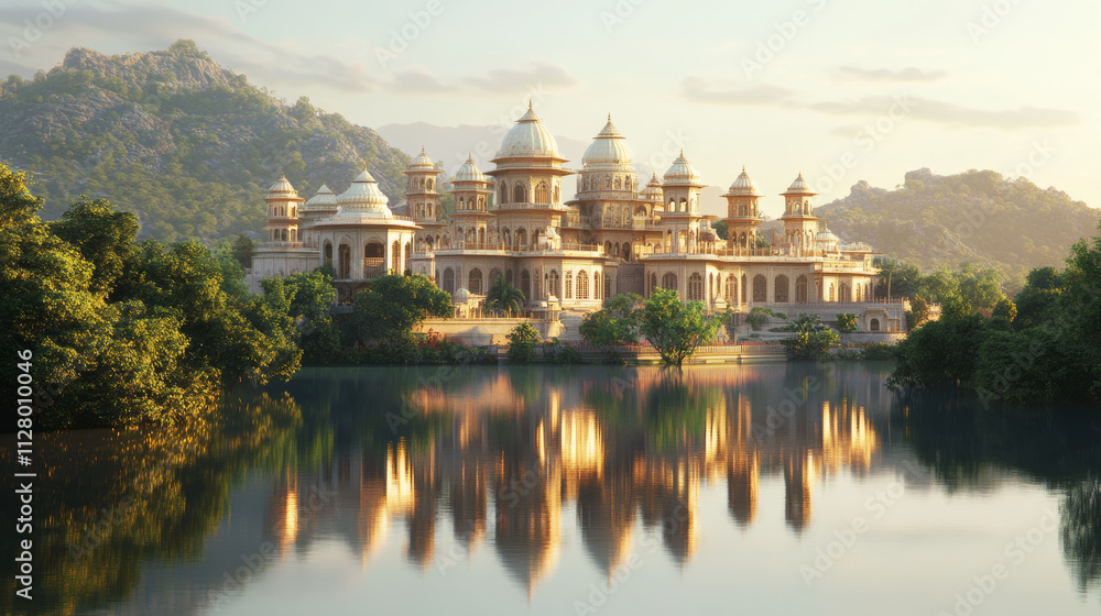 Fototapeta premium majestic Indian palace surrounded by lush greenery and reflected in serene lake, with backdrop of rolling hills under soft, golden light