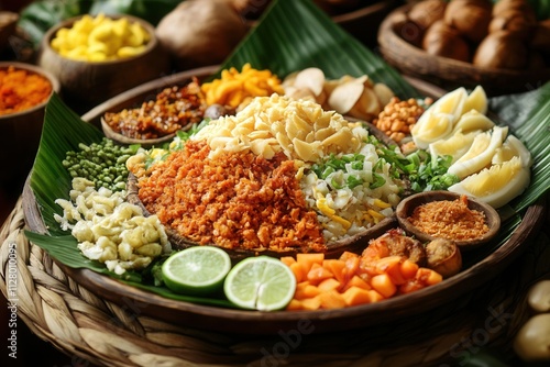 A vibrant Indonesian rice dish, Nasi Campur, arranged on a large platter with various colorful side dishes and garnishes. photo