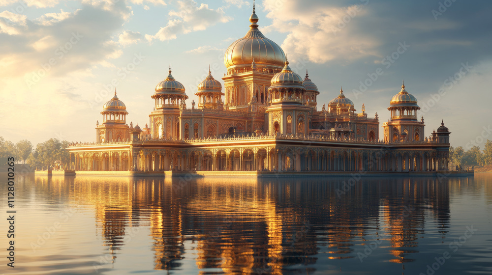 Obraz premium majestic palace with golden domes and intricate carvings reflects beautifully on serene lake under warm, golden sunset, evoking sense of grandeur and tranquility