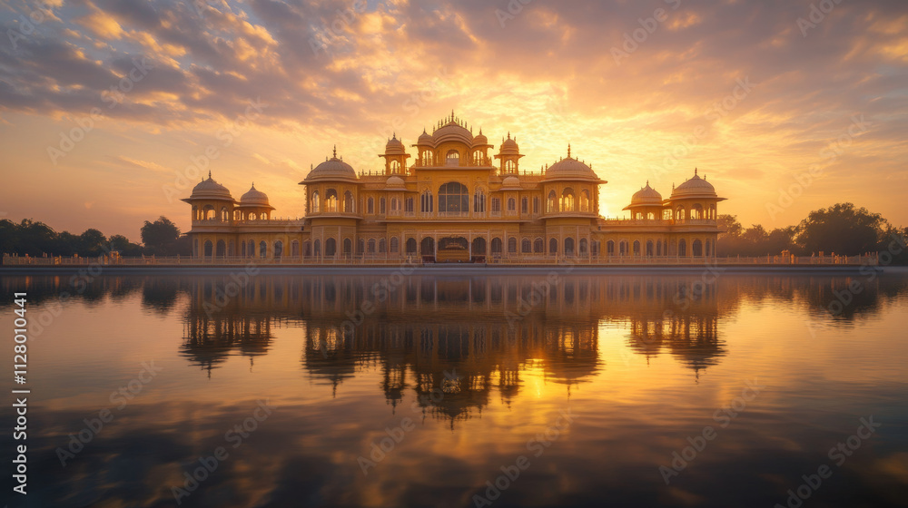 Fototapeta premium stunning sunrise view of ornate palace mirrored in calm lake, surrounded by serene landscape and glowing golden light, creating tranquil and majestic atmosphere