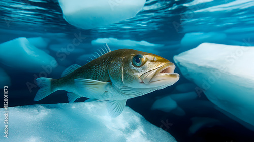 Arctic cod swimming beneath ice floes in soft blue tones, serene underwater scene
