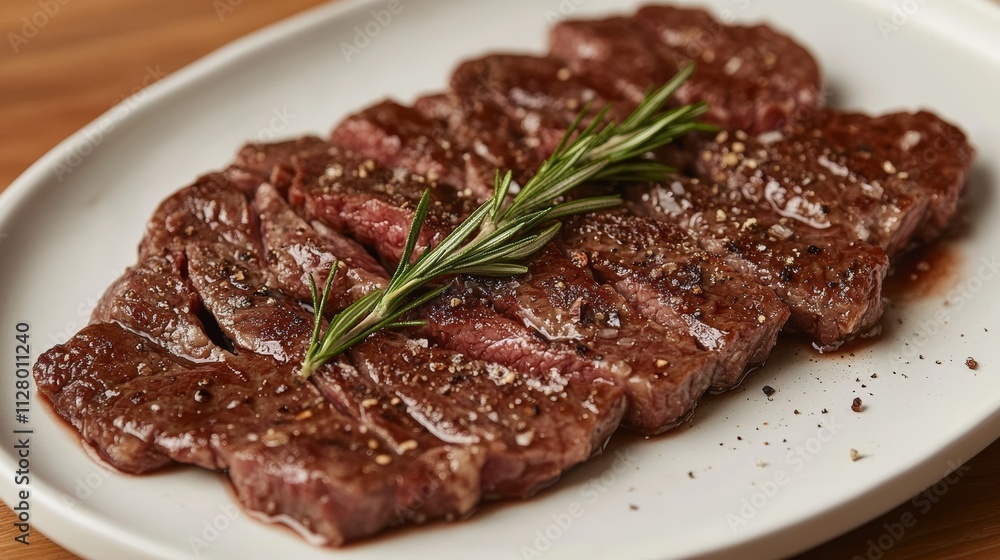 close-up shot of sliced steak with rosemary topping close-up shot of sliced steak with rosemary topping