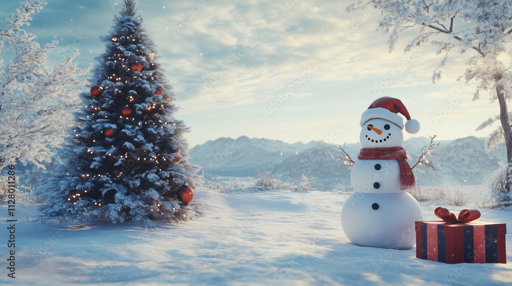 Obraz premium Snowman, Christmas tree, and gift box in a snowy scene, with open space for captions-2