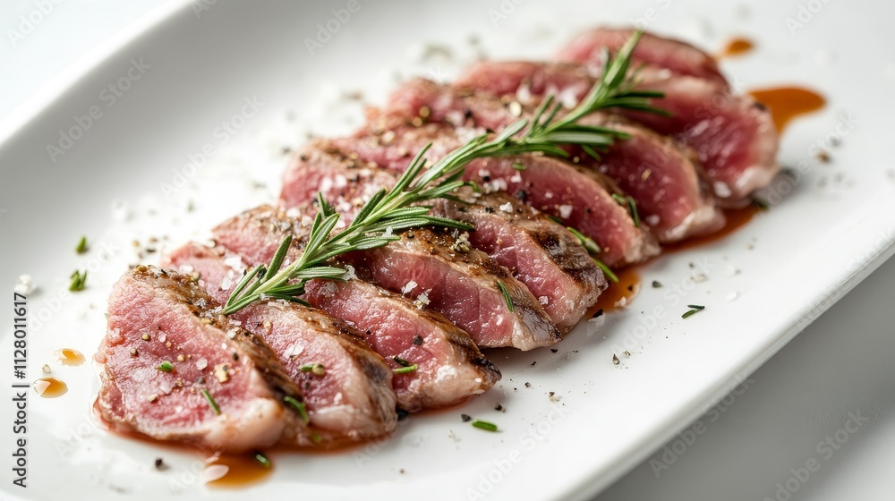 close-up shot of sliced steak with rosemary topping close-up shot of sliced steak with rosemary topping