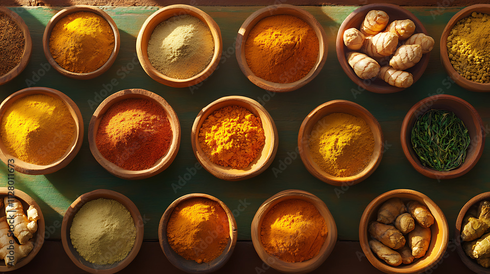 Vibrant composition of fresh spices including turmeric and ginger Vibrant composition of fresh spices including turmeric and ginger